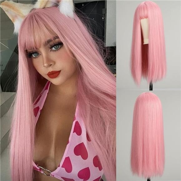 Pink Wig With Bangs For Women Long Straight Wigs Synthetic For Girls - Picture 1 of 7
